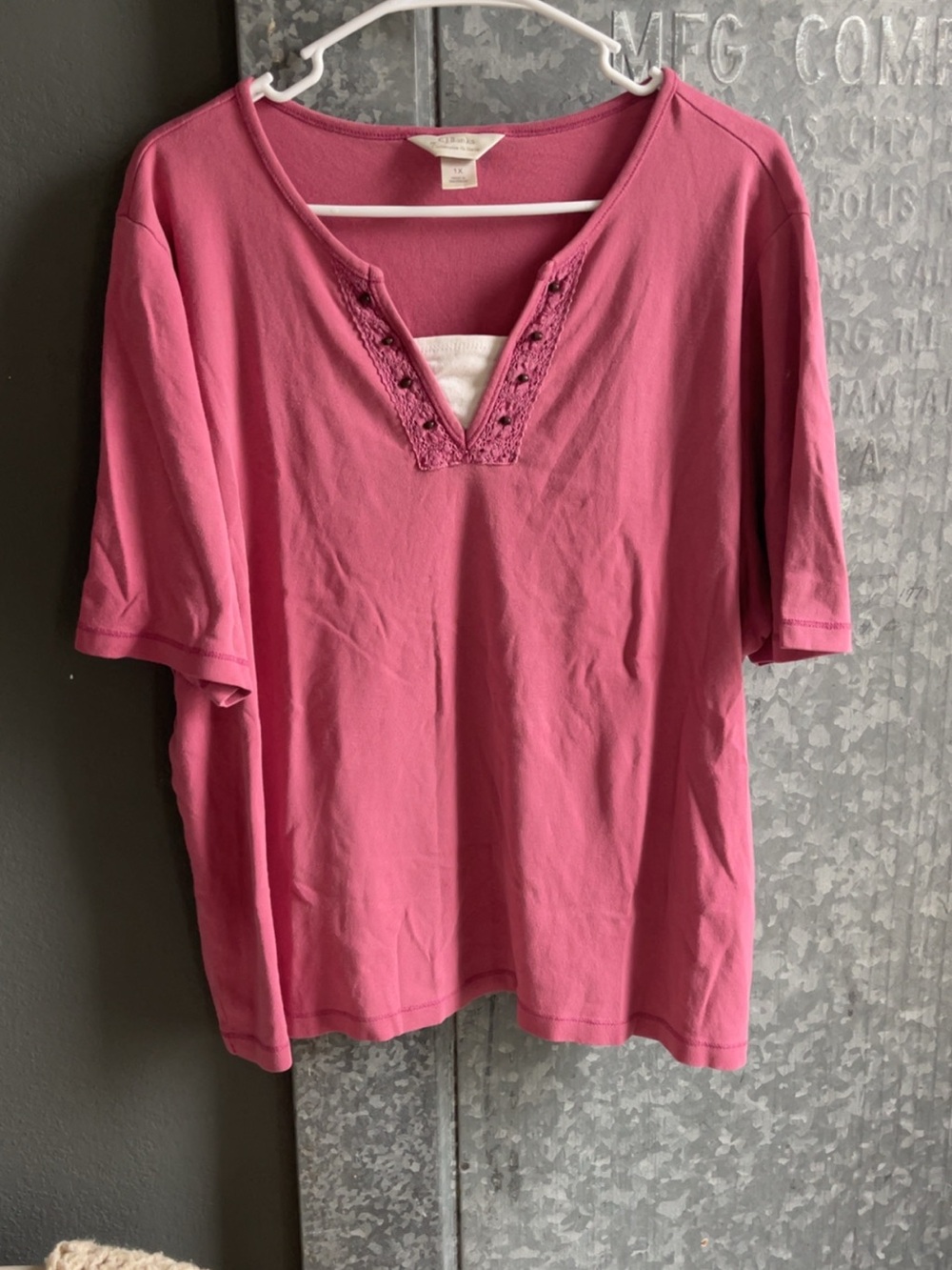 CJ Banks Pink Split V-Neck Short Sleeve Tee with Crochet Trim